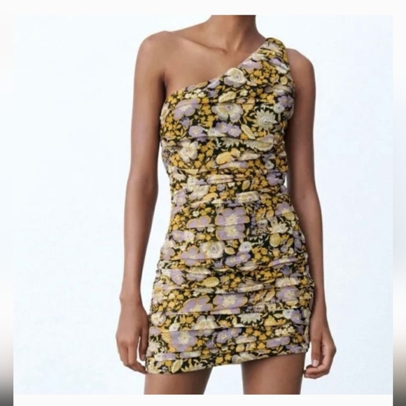 NWT Zara Floral Ruched One-Shoulder Mini Dress Black Gold Purple (8055/522/800) - Picture 1 of 15